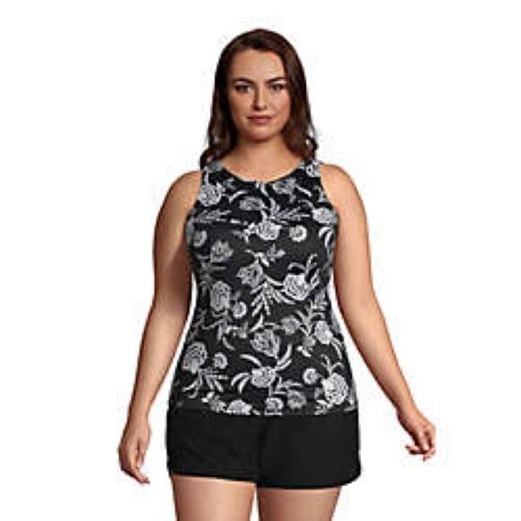 Land’s End Plus high neck modest soft cup Tankini top black multi floral 14D - Picture 1 of 7
